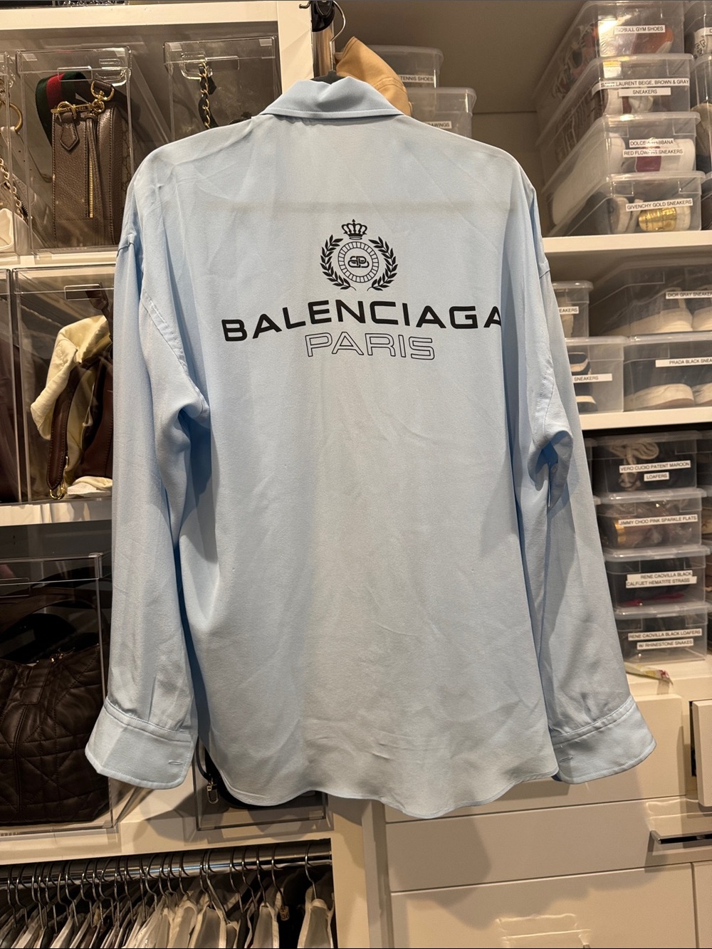 Balenciaga Light Blue Button-Down Shirt with Black Logo Back
